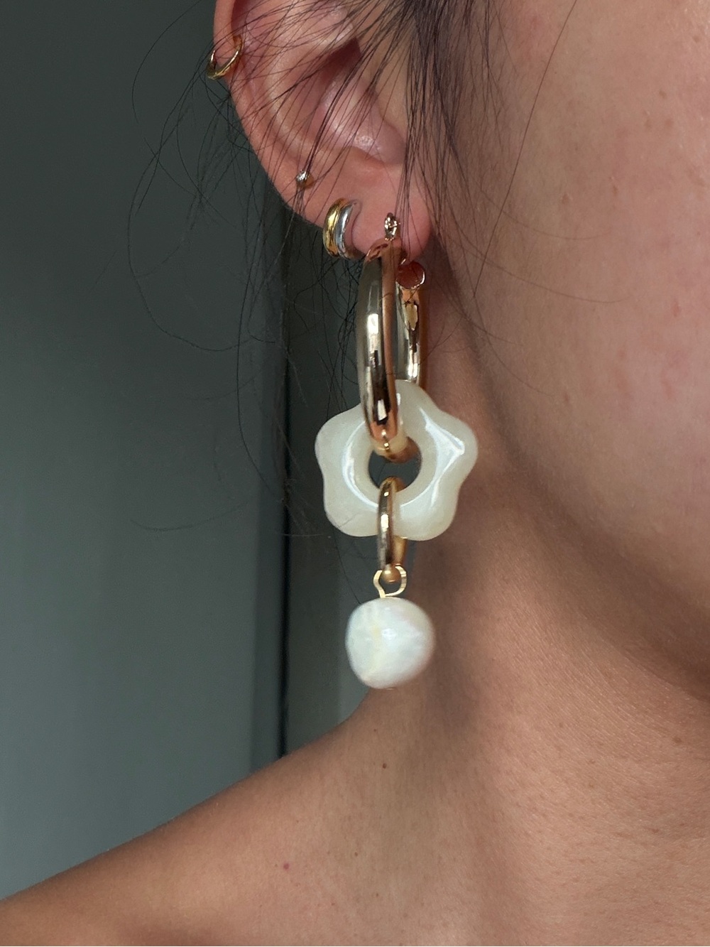 Ettika Gold Hoop Earrings with Flower Charm and Pearl Drop